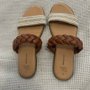 Time and Tru Brown and Tan Dual-Strap Sandals